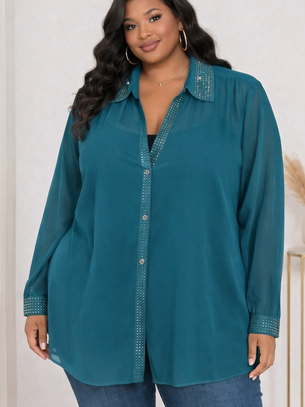American Glamour Teal Green Sheer Studded Trim Button Up Blouse Plus Size 2x